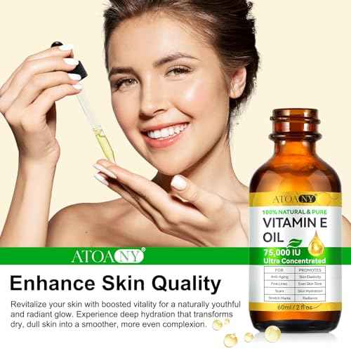 Vitamin E Oil for Skin - 75,000 IU | Vitamin E Oil for Scars, Stretch Marks, Wrinkles, 100% Natural d-Alpha Tocopherol for Face & Hair, Moisturizing Anti-Aging (60 ML)