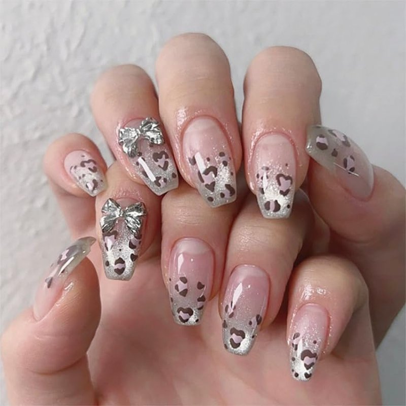 Leopard Nails Press ons Medium Coffin Fake Nails with Sliver Glitter Designs 3D Bow False Nails Glossy Full Cover Reusable Acrylic Stick on Nails Nude Artifical Nail Press ons for Women Manicure