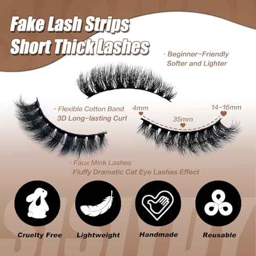 Fluffy Lashes Mink 3D Cat Eye Dramatic Thick Volume EyeLashes Wispy 16mm Full Lash Strips Faux Mink Eye Lashes C Curl Short Cat Eyelahses Pack YH302
