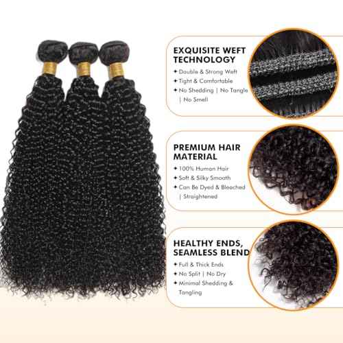 Kinky Curly Bundles Human Hair 18 20 22 Inch Human Hair Bundle 100% Unprocessed Brazilian Virgin Hair 3 Bundles for Black Women Weave Extensions Natural Black