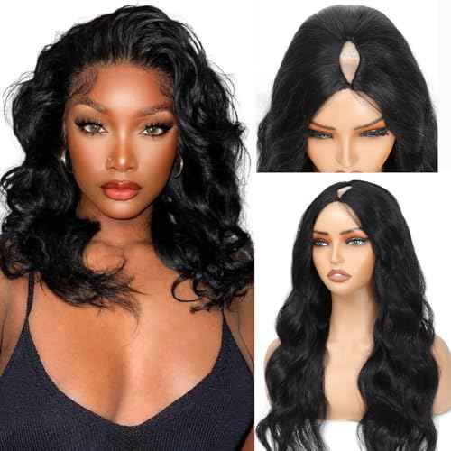 V Part Wig Human Hair Body Wave Upgrade U Part Human Hair Wig With Clips Glueless Wigs Human Hair Beginner Friendly 18 Inch V Shape Clip In Half Wigs for Women No Leave Out 180% Density