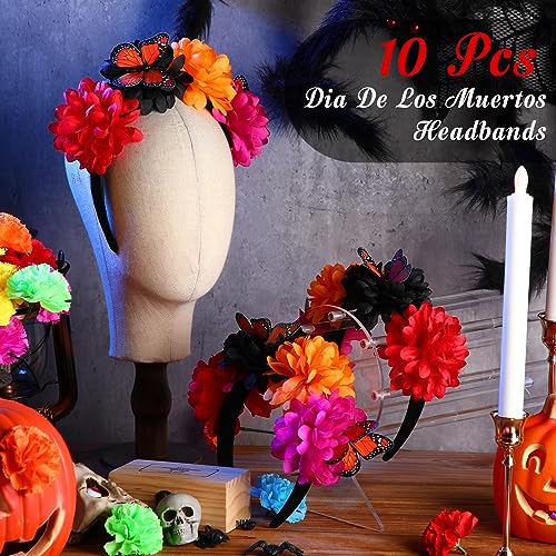 Hotop 10 Pcs Day of the Dead Flower Crown Headband Mexican Headband with Monarch Butterfly for Fiesta Hat Party Supplies