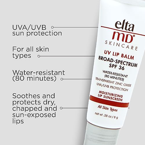EltaMD UV Lip Balm Sunscreen, Moisturizes and Protects Dry Cracked Lips, Water Resistant up to 80 Minutes, Transparent Zinc Oxide Sunscreen