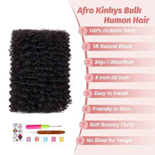 Afro Kinkys Bulk Human Hair for Braid Braiding Mini Twist Locs Dreadlock Extensions Afro Kinky-Curly Human Braiding Hair Bundles For Men Women Kids 14 Inch 4 Bulk 120g 1B Natural Black Easy to Install
