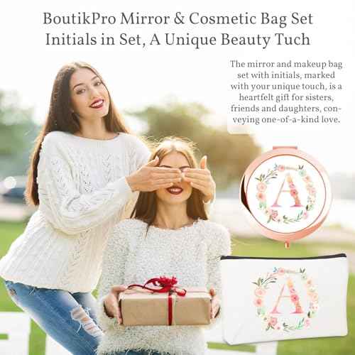 Personalized Gift Initial Compact Mirror w Makeup Bag for Women Sister Daughter Mom Wife, Floral Monogram Alphabet Small Mirror Ideal Gift on Birthday, Christmas, Graduation (A + Bag, ROSE GOLD)