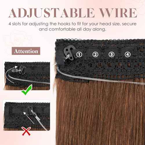 S-noilite Halo Hair Extension Invisible Wire in Real Remy Human Hair Extensions with Clips Adjustable Hidden Wire in Hair Extension for Women 18 inch Medium Brown