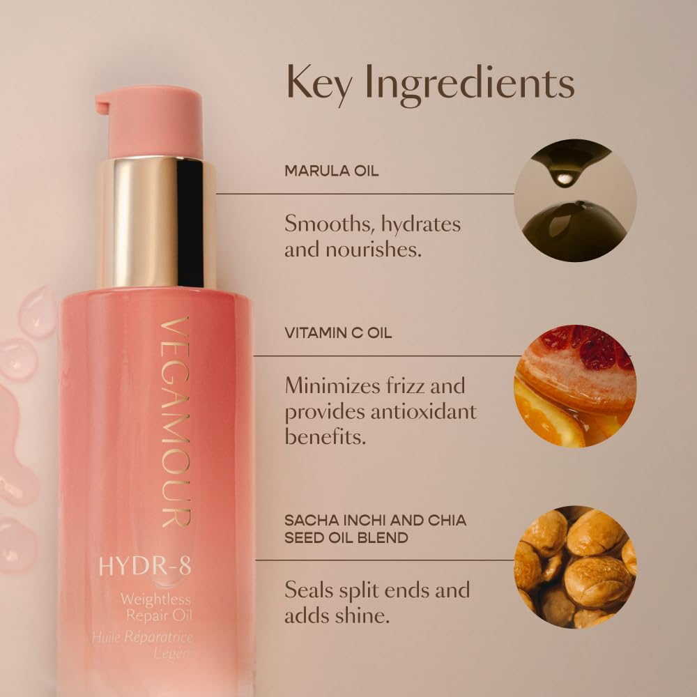 Vegamour Hydr-8 Weightless Repair Oil - Strengthens & Smooths Hair with Marula Oil & Vitamin C | All Hair Types | Vegan & Cruelty-Free