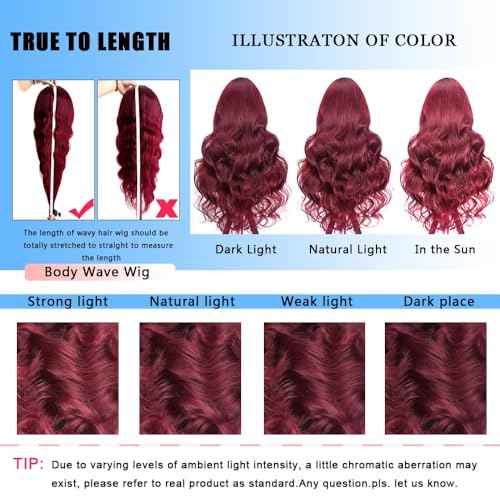 99j Burgundy Lace Front Wigs Human Hair 13x4 Body Wave Lace Front Wigs Human Hair Pre Plucked Glueless Red Wig Wine Red Wig for Women 180% Density 26Inch