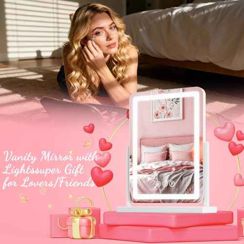 Suidia Vanity Mirror with Lights, 18"¡¿14" LED Makeup Mirror with Light, Smart Touch with 3-Color Lighting, 360¡ÆRatation for Vanity Desk Tabletop,White,Lamp Belt Style