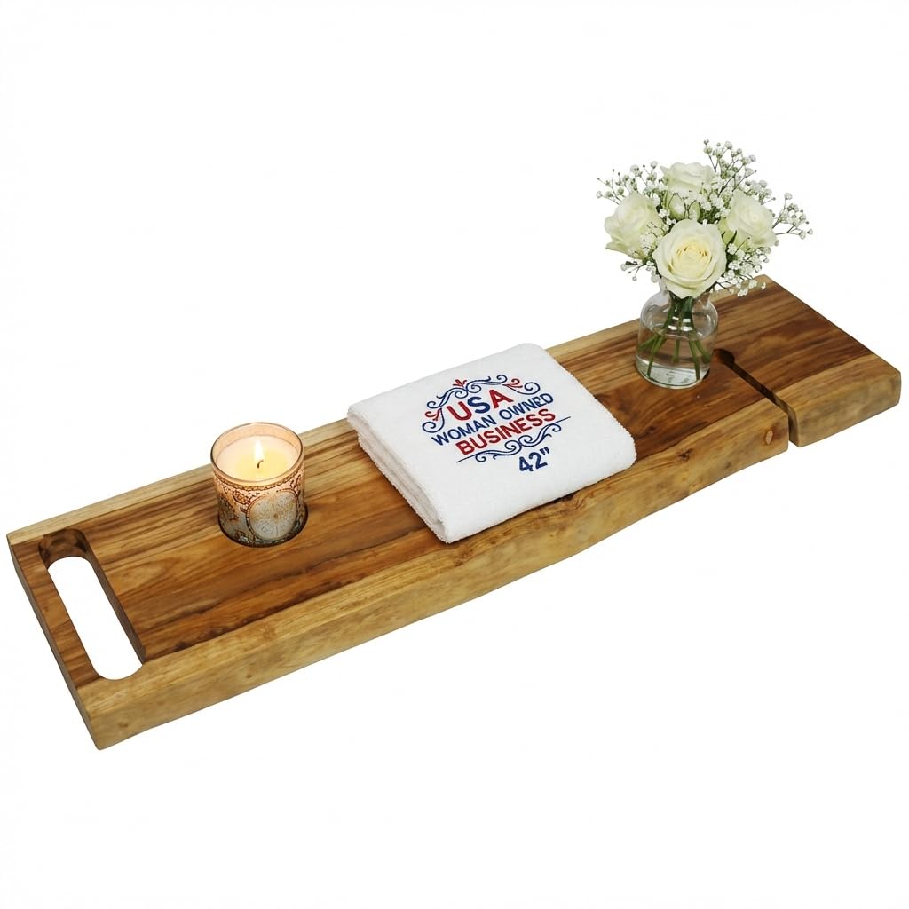 EcoDecors Eleganto 42" Live Edge Solid Teak Bath Caddy Tray with Handle, Book & Tablet Holder, Wine Glass Holders, Luxury Bathtub Tray