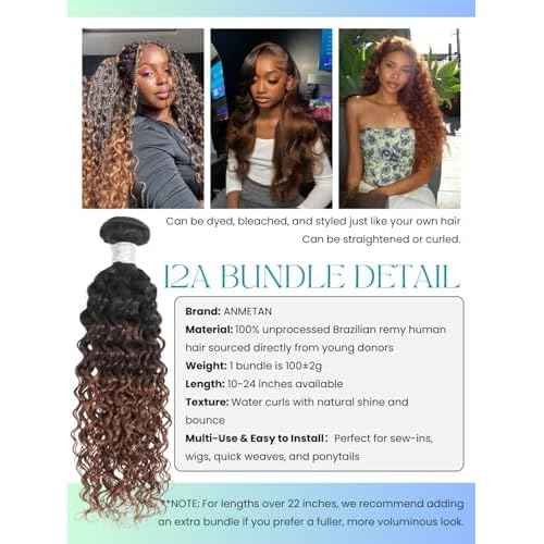 12A Brown Ombre Human Hair Bundles Water Wave 24 Inch, Chestnut Ombre Brown Wet n Wavy Single Bundle with Dark Roots 3 Tone Color #T1B/2/30 Thick Sew In Weave Remy Hair Keep Soft After Washes