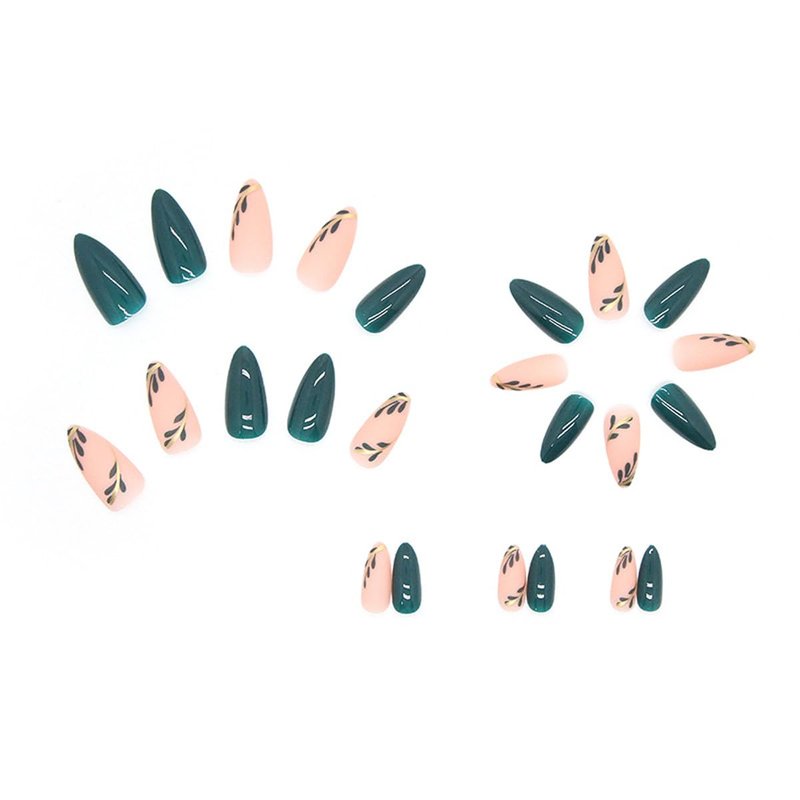 Almond Press on Nails Leaf Design Green Fake Nails Full Cover Glossy Glue on Nails for Women Manicure 24PCS
