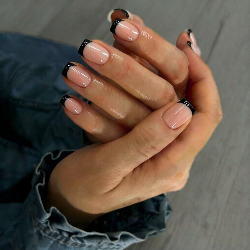 KXAMELIE Press On Nails Short - Square French Tip Press On Nails with Glue, Natural Nude Fake Nails in 15 Sizes - 30 Soft Gel Glue on Nails Kit for Women, Supremely Fit, Elegant Black French