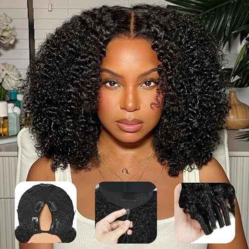 V Part Burmese Curly Wig Human Hair 200% Density Upgrade U Part Wig with Drawstring No Leave Out Glueless V Shape Full Head Clip In Half Wig Curly Human Hair Wig for Black Women Natural Color 20 Inch