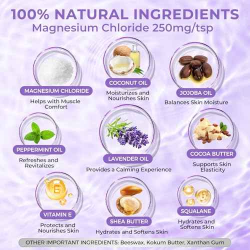 Magnesium Lotion for Sleep, Natural Magnesium Cream for Leg Cramps, Soothing Relief & Muscle Relaxation, Magnesium Butter with Coconut Oil, Shea Butter, Vitamin E, Safe for Kids, Lavender 4 oz