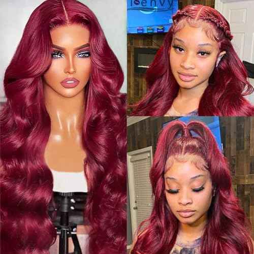 Smavida 99j Burgundy Lace Front Wigs Human Hair Body Wave 13x4 HD Transparent Lace Frontal Wigs for Black Women 180% Density 22 Inch Colored Wine Red Glueless Wig Pre Plucked with Baby Hair