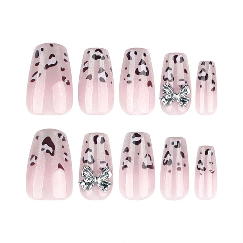 Leopard Nails Press ons Medium Coffin Fake Nails with Sliver Glitter Designs 3D Bow False Nails Glossy Full Cover Reusable Acrylic Stick on Nails Nude Artifical Nail Press ons for Women Manicure