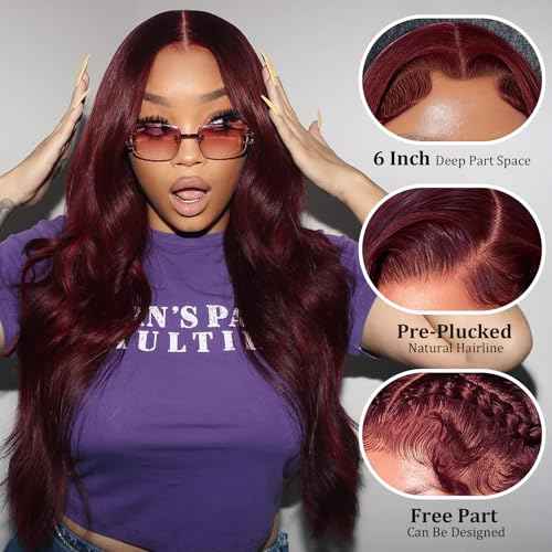 99j Burgundy Lace Front Wigs Human Hair Pre Plucked 20 Inch Long, Body Wave HD Lace Frontal Wig 13x6 Full Lace Frontal 99j Black Cherry Red Wigs, 12A 100% Real Brazilian Wigs Human Hair 180 Density