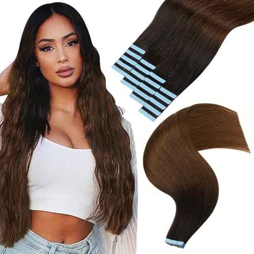 Hair Extensions Real Human Hair Tape in Omber Off Black/Middle Brown 22 inches 20pcs 50g/pack Straight Seamless Weft Skin Hair Tape in Extensions(22 inches #T1b-4)