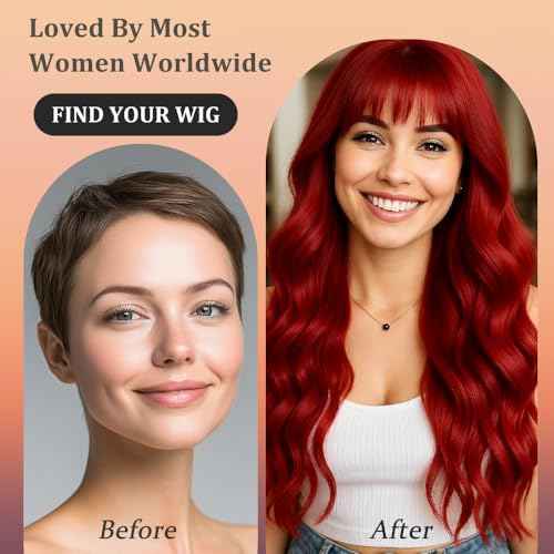 Long Red Wigs with Bangs 26Inch Wavy Curly Hair for Women Tangle Free Soft Natural Looking Premium Heat Resistant Protein Fiber Daily Party Use