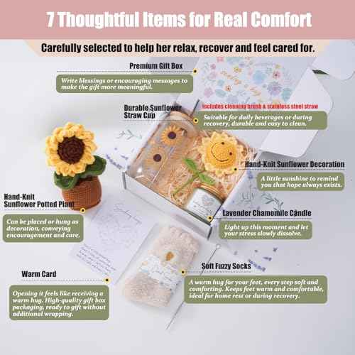 Sunflower Gifts for Women, 7pcs Self Care Get Well Soon Gift Basket ? Relaxing Spa Care Package, Thinking of You Birthday Sympathy Gift Box for Mom, Friend, Sister