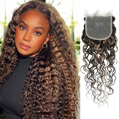 ALHER #F1B/27 Black and Blonde Highlight Water Wave 5x5 Larger Lace Closure, 12A Skunk Stripe Wet n Wavy Free Part Melt Lace, 100% Virgin Remy Human Hair Pre Plucked With Baby Hair 150% Density 18 IN