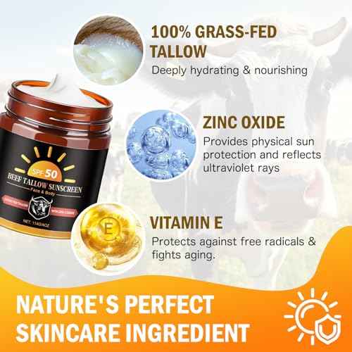 Beef Tallow Sunscreen with Zinc Oxide, Non Toxic Sunscreen SPF 50, Safe, Clean Non-Greasy Formula for Face and Body, Sun Balm for Sunmmer Outdoor Travel, 4 OZ