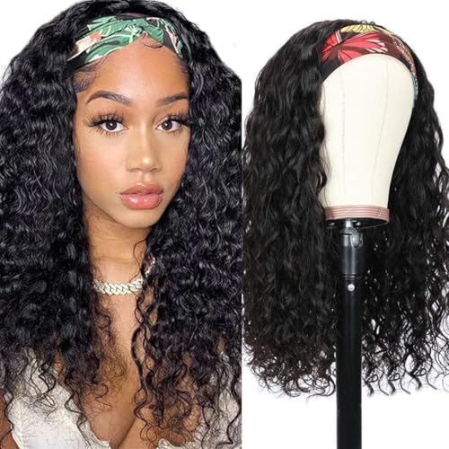 Long Headband Wig Human Hair Water Wave Headband Wigs for Women Curly Wigs Glueless No Lace Front Wig Brazilian Virgin Human Hair 180% Density Natural Black 24 Inch