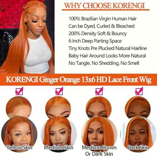 Lace Front Wigs Human Hair Pre Plucked HD Transparent Lace Frontal Wig Bralizian Virgin Human Hair Tiny Knots Natural Hairline with Baby Hair (Ginger Orange, 24 Inch)