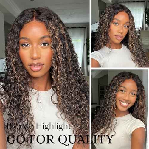 ALHER #F1B/27 Black and Blonde Highlight Water Wave 5x5 Larger Lace Closure, 12A Skunk Stripe Wet n Wavy Free Part Melt Lace, 100% Virgin Remy Human Hair Pre Plucked With Baby Hair 150% Density 18 IN