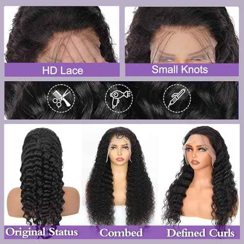 13x6 Deep Wave Lace Front Wigs Human Hair True 200 Density Pre Plucked Deep Wave Wig Human Hair 12A Glueless Wet and Wave Curly Lace Frontal Wigs For Women (Black, 22 Inch)