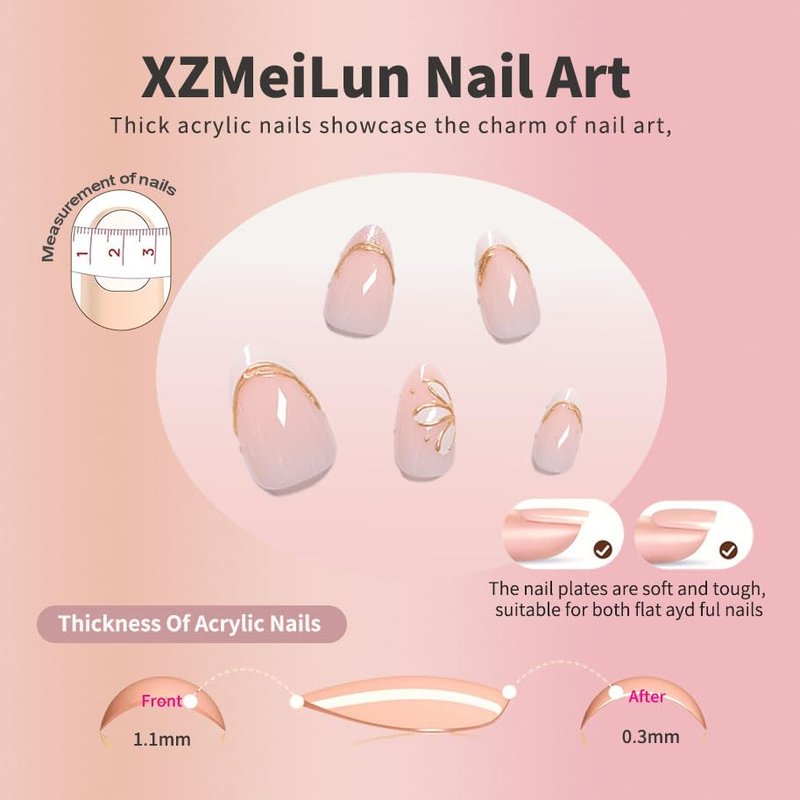 Pink French Tips Press-On Nails - Short Almond Shape with 3D Gold Line & White Flower Design | Reusable Acrylic, Glossy Gel Finish