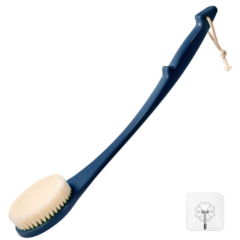 Back Scrubber for Shower, 17-Inch Shower Brush for Men and Women, Long Handle Exfoliating Body Brush, Medium Bristle Stiffness for Dry or Wet Brushing (Navy Blue)