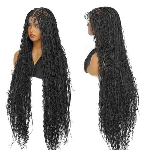 SUPERNOVA Knotless Boho Box Braided Wigs For Black Women 36inch Square Knotless Full Lace Box Braid Wig Goddess Braided Wig With Baby Hair Bohemian Curly Ends Synthetic Boho Braids Wig (36 Inch)