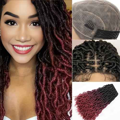 Ombre Red Goddess Faux Locs Wigs for Black Women Full Lace Knotless Glueless Boho Curly Braid Wig with Baby Hair Long Dreadlock Hippie Locs Twist Synthetic Wig 30 inch