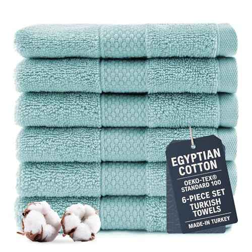Maisonette Loft Egyptian Cotton Turkish Hand Towels - Soft, Absorbent Washcloths for Face - Ideal Quick Dry Small Towel Wash Cloth Set for Bathroom - (13" x 13", 6 Pack) - Turquoise
