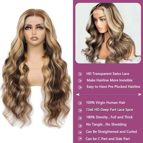 Ombre Balayage Honey Blonde Highlight Wig Human Hair, Body Wave 13x6 Lace Front Wigs Human Hair 24 Inch Brown to Blonde Highlights Glueless Lace Front Wigs Pre Plucked Human Hair Wigs for Women