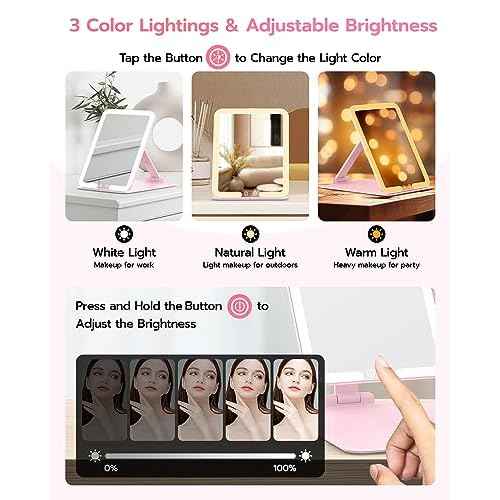 Anfauny Lighted Travel Makeup Mirror with Magnetic 10X Magnification, Vanity Portable and Foldable with Adjustable Stand, Rechargeable 3 Color Lights for Desk and Tabletop -Pink