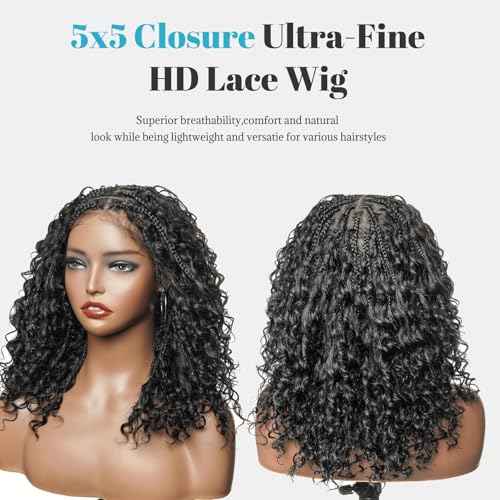 Bohemian Box Braided Bob Wigs Human Hair 5x5 HD Transparent Lace Closure 10 Inch 200% Density for Women Boho Knotless Box Braided Wigs with Baby Hair Lace Front Curly Bohemian Braids Bob Wig