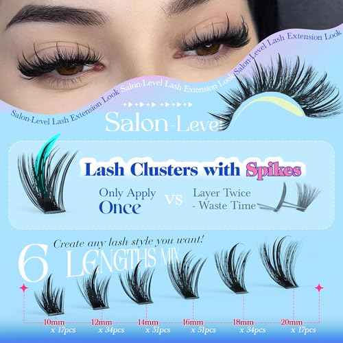 CORUSCATE Spiky Lash Clusters Kit 120D Volume Cluster Eyelash Extensions Mink Strip Lashes Spikes Mega Style Lash Extension Kit 14-22mm Eyelash Clusters Long Individual Lashes with Lash Cluster Glue