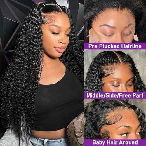 13x6 Deep Wave Lace Front Wigs Human Hair 26inch Glueless Wigs Human Hair Pre Plucked Deep Wave Wigs for Women Human Hair 180% Density Curly Lace Front Wigs Human Hair