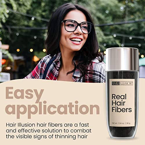Hair Illusion Black Real Hair Fibers for Thinning Hair - 100% Natural Texture, Non Synthetic Hair Fibers - Bald Spot Cover Up for Women & Men - 38 Gram - Pack of 2