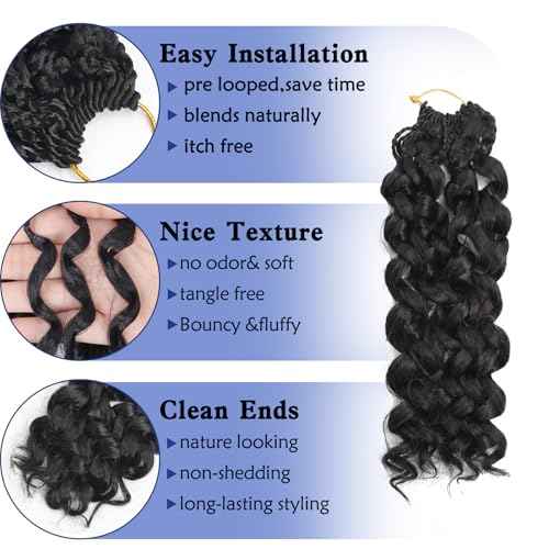 GoGo Curl Crochet Hair,12inch Pre Looped Water Wave Beach Curl Ocean Wave Crochet Braiding Hair,8pcs Box Braids Short Curly Crochet Hair for Black Women (12inch,#1B)