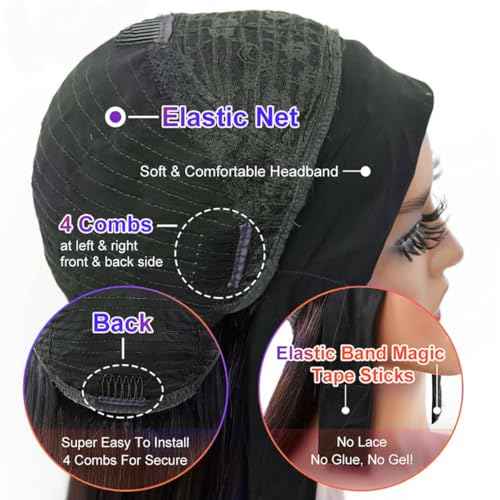 Straight Headband Wig Human Hair Brazilian Virgin Human Hair Wigs for Black Women Glueless Half Wig Machine Made No Lace Front Headband Wig Natural Black Color 22 Inch