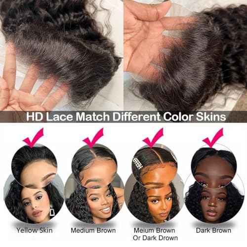 Deep Wave Lace Front Wigs 13x6 HD Transparent Lace Frontal Wig for Black Women 100% Real Curly Human Hair Wigs Pre Plucked with Baby Hair 180% Density (Black, 18 inch)