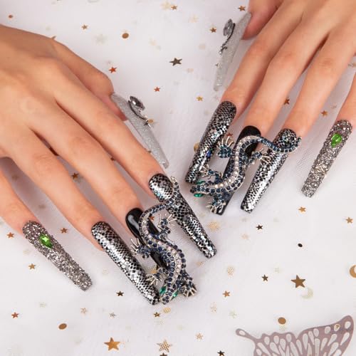 LOVFUL Press on Nails Mr Gecko | Handmade with Full Covered Crystals | Reusable Fake Nails | Coffin Long 2.2 in | H62-M