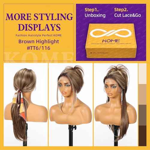 Brown Highlight Synthetic Lace Front Wig, 13X6 HD Long Straight Layered Glueless Wigs for Women Daily Use 26IN £¨TT6/116 £©
