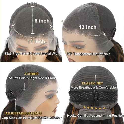 13x6 Body Wave 200% Density Highlight Ombre Lace Front Wig Human Hair Glueless 24 inch HD Transparent 1B/30 Honey Blonde Lace Frontal Wigs Human Hair Pre Plucked With Baby Hair