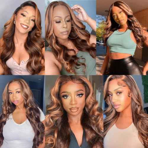 T1BP4/30 Brown Bundles Ombre Highlight Brown Body Wave Bundles Human Hair 20 22 24 Inch 3 Bundles Unprocessed Brazilian Virgin Human Hair Dark Brown To Light Brown For Black Women Hair Extension