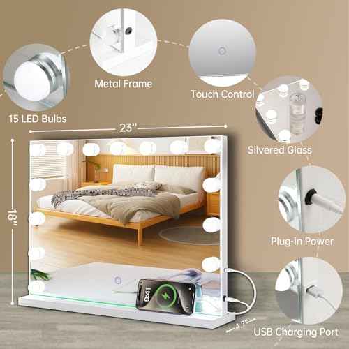 Hollywood Vanity Mirror with Lights, 23"x18" Lighted Makeup Mirror with 10x Magnifying for Desk/Wall Mount, 15 Led Bulbs, 3 Lighting Modes for College Dorm, Bedroom & Dressing Room (White)